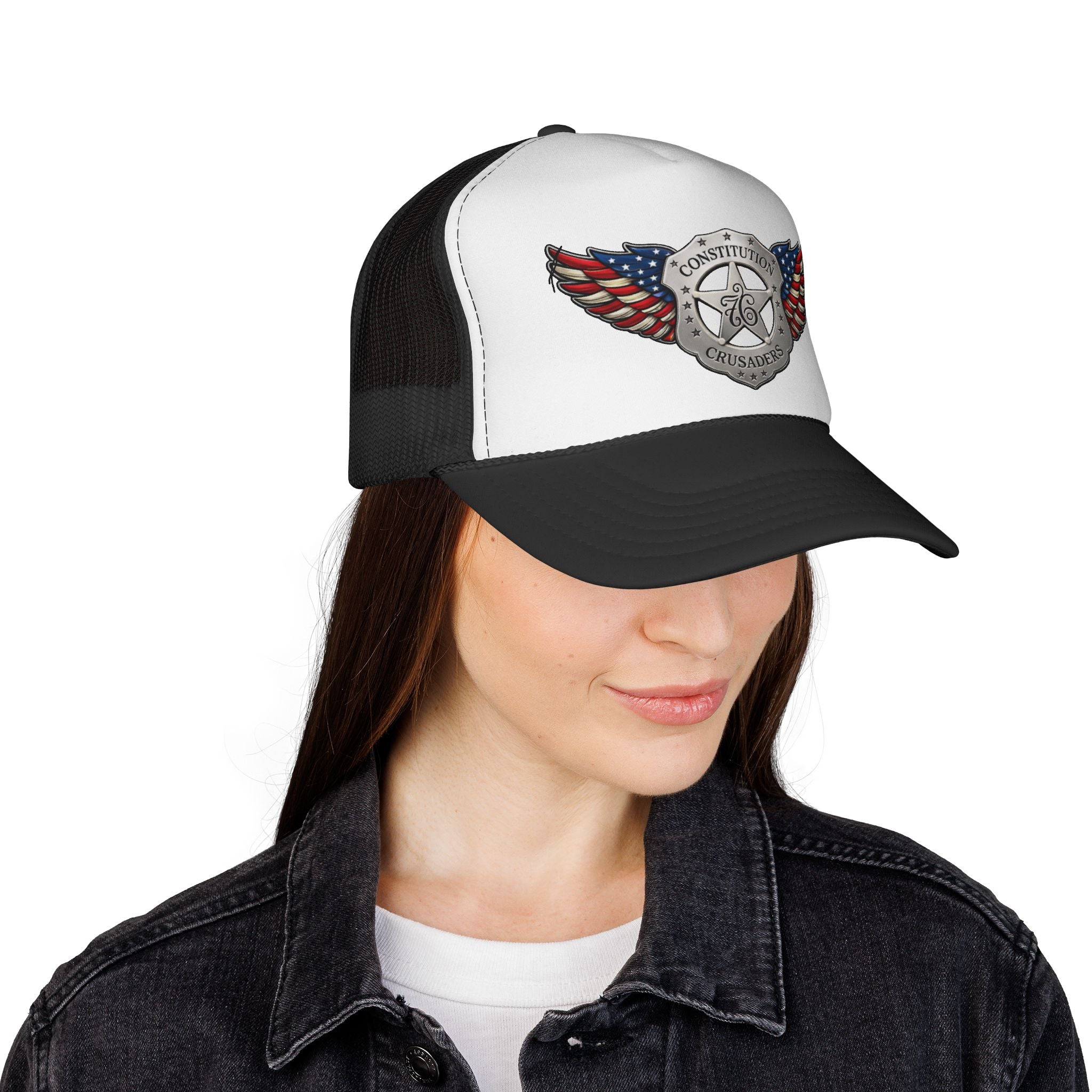 Constitution Crusaders Trucker Hat — American Flag Winged Badge Cap